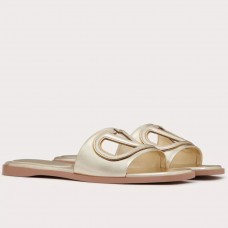 Valentino VLogo Cut-out Slide Sandals in Gold Metallic Leather Valentino VLogo Cut-out Slide Sandals in Gold Metallic Leather