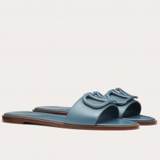 Valentino VLogo Signature Flat Slides In Blue Calfskin Valentino VLogo Signature Flat Slides In Blue Calfskin
