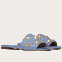 Valentino Roman Stud Flat Slides In Blue Quilted Nappa Valentino Roman Stud Flat Slides In Blue Quilted Nappa