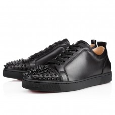 Christian Louboutin Men's Louis Junior Spikes Flat Sneakers In Black Leather Christian Louboutin Men's Louis Junior Spikes Flat Sneakers In Black Leather