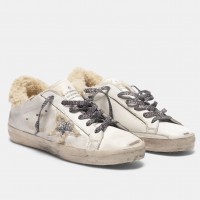 Golden Goose Women's Super-Star Shearling Sneakers with Leopard Laces Golden Goose Women's Super-Star Shearling Sneakers with Leopard Laces