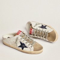 Golden Goose Women's Super-Star Sabots with Blue Glitter Star Golden Goose Women's Super-Star Sabots with Blue Glitter Star
