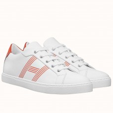 Hermes Men's Avantage Sneakers In White/Orange Calfskin Hermes Men's Avantage Sneakers In White/Orange Calfskin