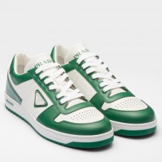 Prada Men's Downtown Sneakers in White and Green Leather Prada Men's Downtown Sneakers in White and Green Leather