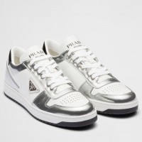 Prada Men's Downtown Sneakers in White and Silver Leather Prada Men's Downtown Sneakers in White and Silver Leather