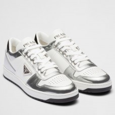 Prada Men's Downtown Sneakers in White and Silver Leather Prada Men's Downtown Sneakers in White and Silver Leather