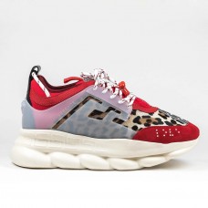 Versace Women's Red Chain Reaction Sneakers With Leopard Print Versace Women's Red Chain Reaction Sneakers With Leopard Print